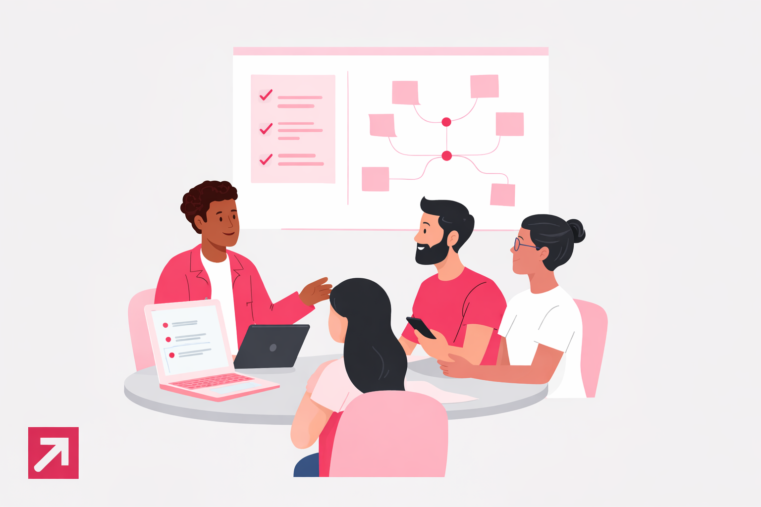 Team collaborating in a project meeting, reviewing tasks and workflow on a whiteboard.