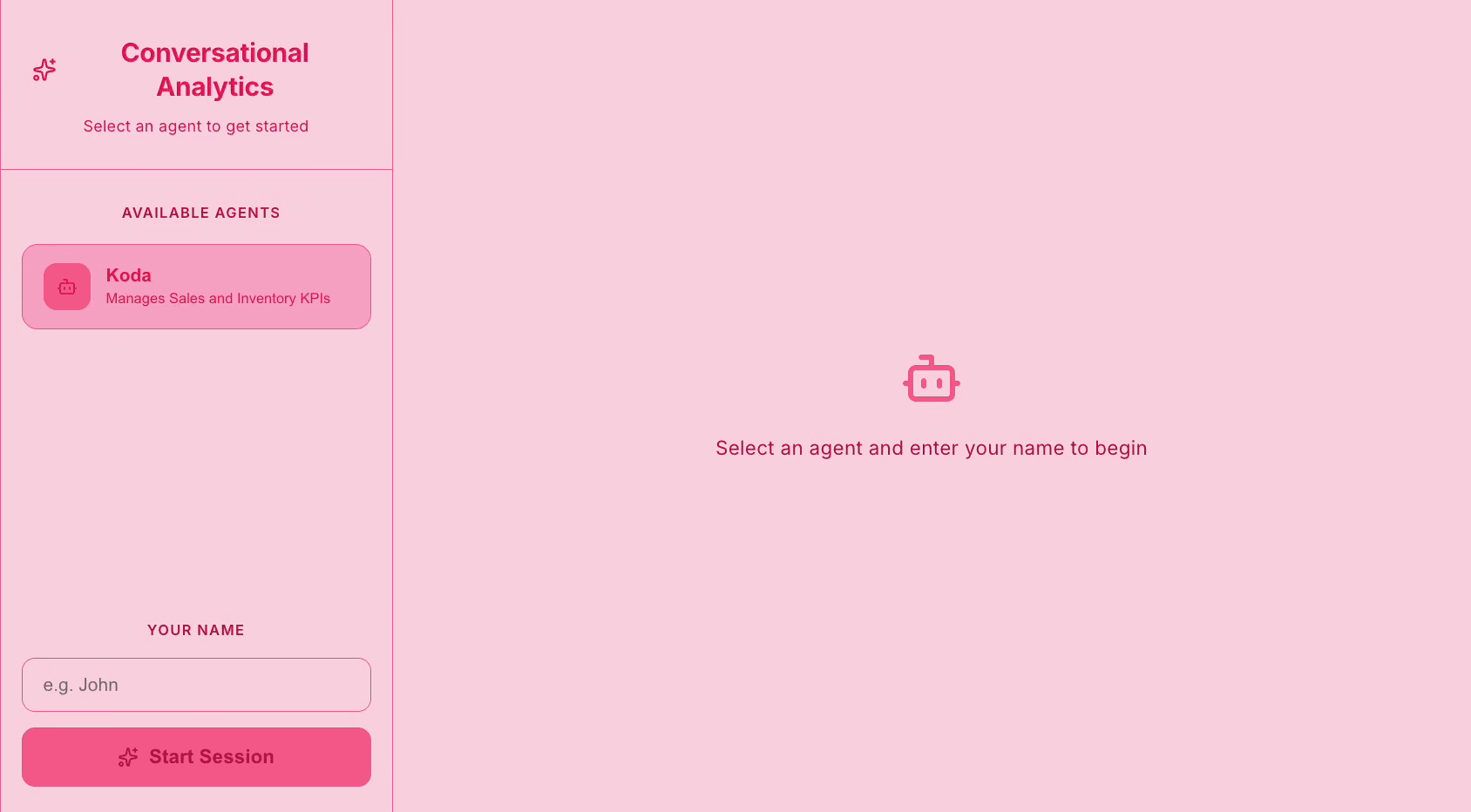 User interface of a conversational analytics platform showing an agent selection panel, including an agent named “Koda” for managing sales and inventory KPIs, with a prompt to start a session and interact through a chat-based interface.
