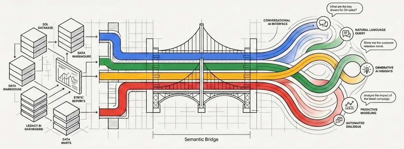 Diagram showing the evolution from traditional data systems (databases, warehouses, dashboards, and reports) to a conversational AI interface, connected through a 'semantic bridge' that enables natural language queries, generative AI insights, predictive modeling, and automated dialogue.