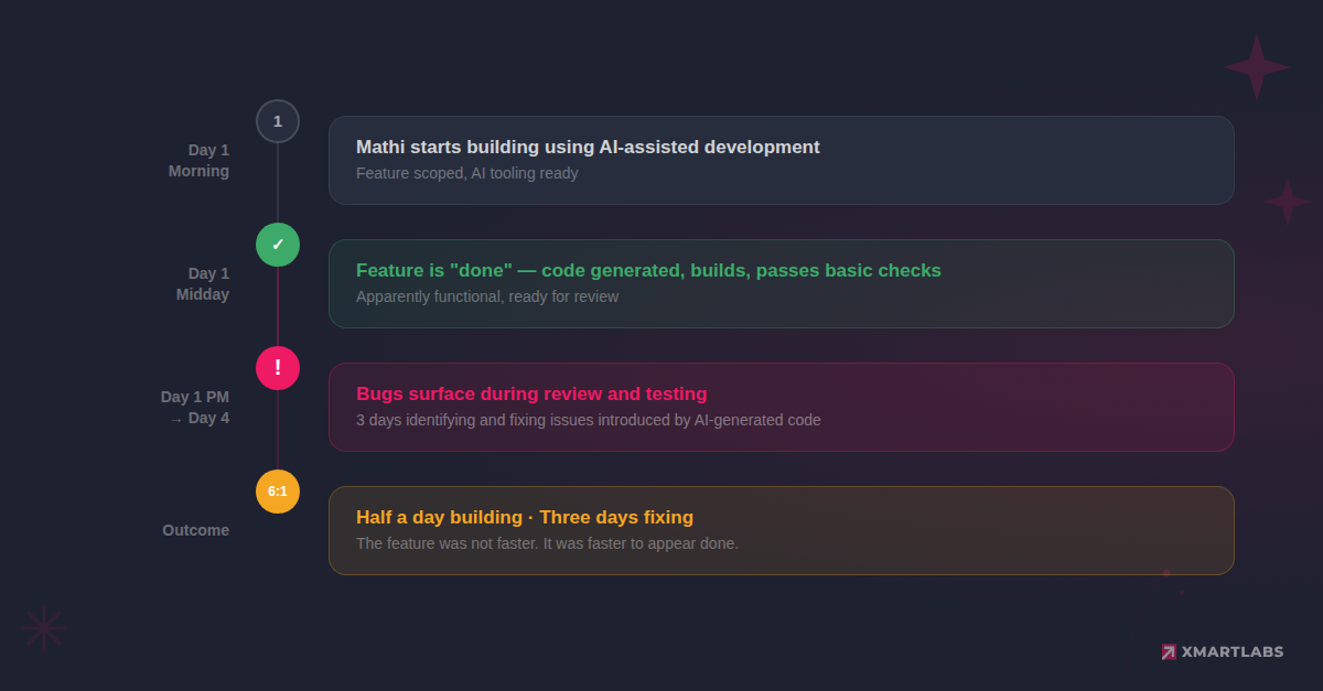 Incident timeline showing a feature built in half a day with AI, followed by three days of debugging, resulting in a 6:1 debug-to-build ratio