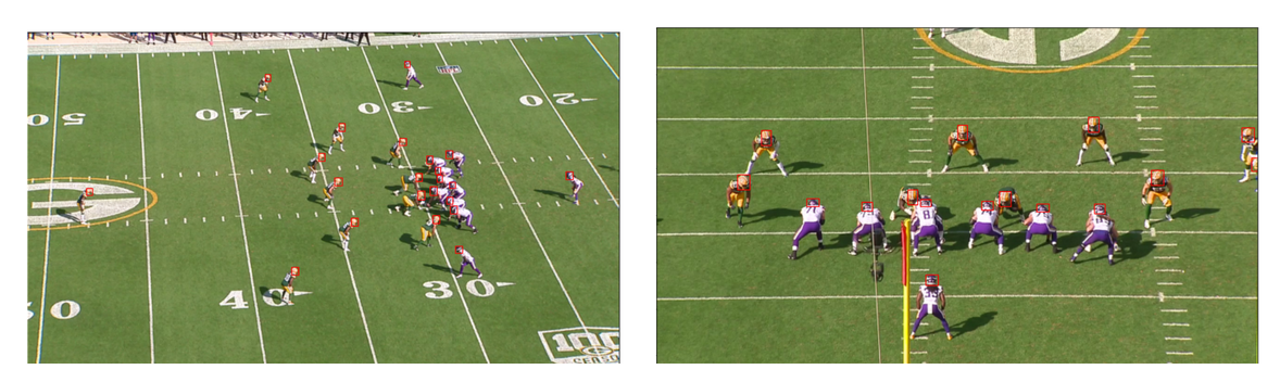 Left image: Sideline View. Right image: Endzone view