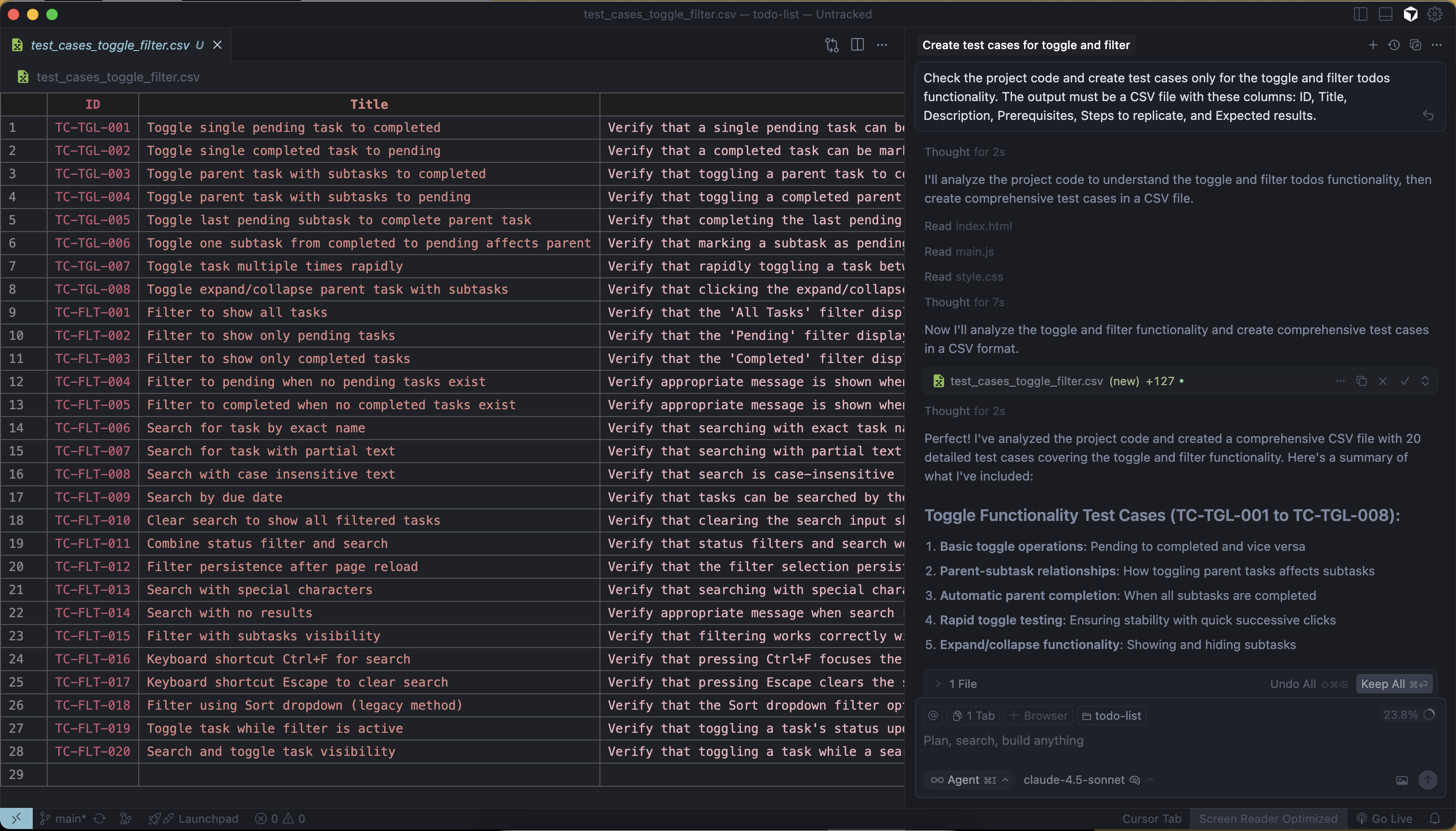 An autonomous agent generating comprehensive test cases for toggle and filter features, showcasing how AI can streamline and enhance QA workflows.